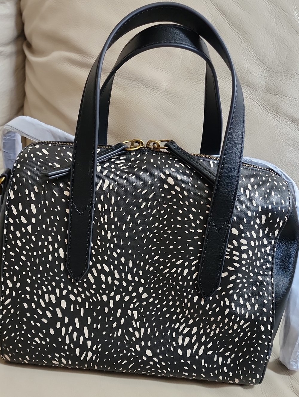 Fossil Women,s Black and White Speckled Dome Satchel Bag New No Tag